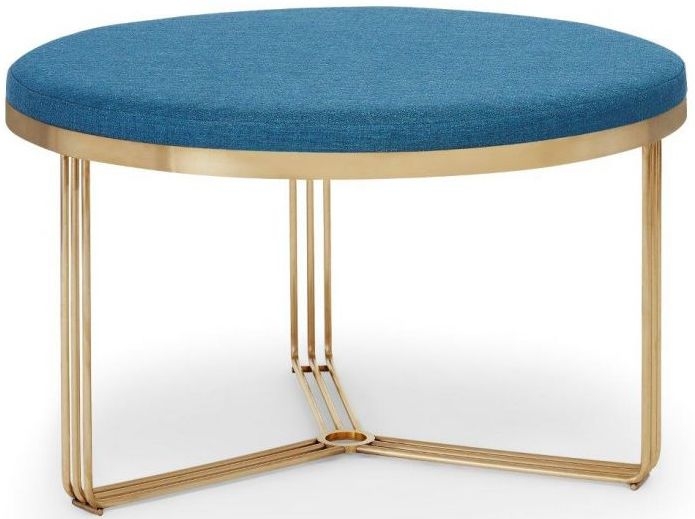 Gillmore Space Finn Admiral Blue Woven Fabric And Brass Brushed Round Footstool