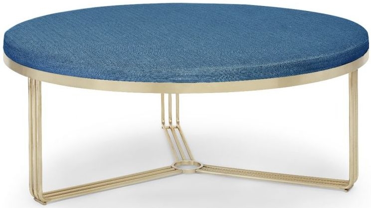 Gillmore Space Finn Admiral Blue Woven Fabric And Brass Brushed Large Round Footstool