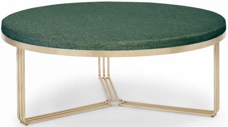 Gillmore Space Finn Conifer Green Woven Fabric And Brass Brushed Large Round Footstool
