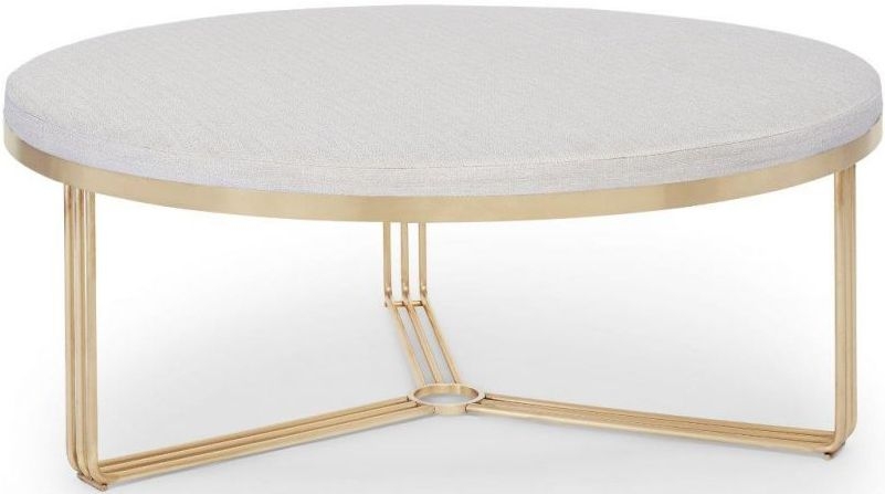 Gillmore Space Finn Natural Woven Fabric And Brass Brushed Large Round Footstool
