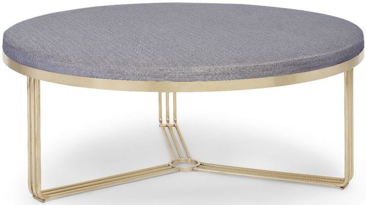 Gillmore Space Finn Pewter Woven Fabric And Brass Brushed Large Round Footstool
