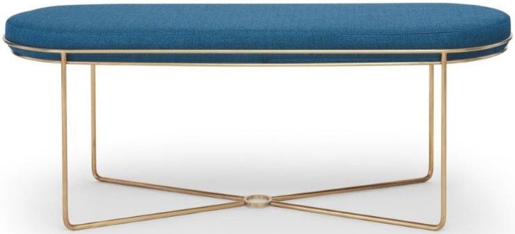 Gillmore Space Finn Admiral Blue Woven Fabric And Brass Brushed Ottoman Stool