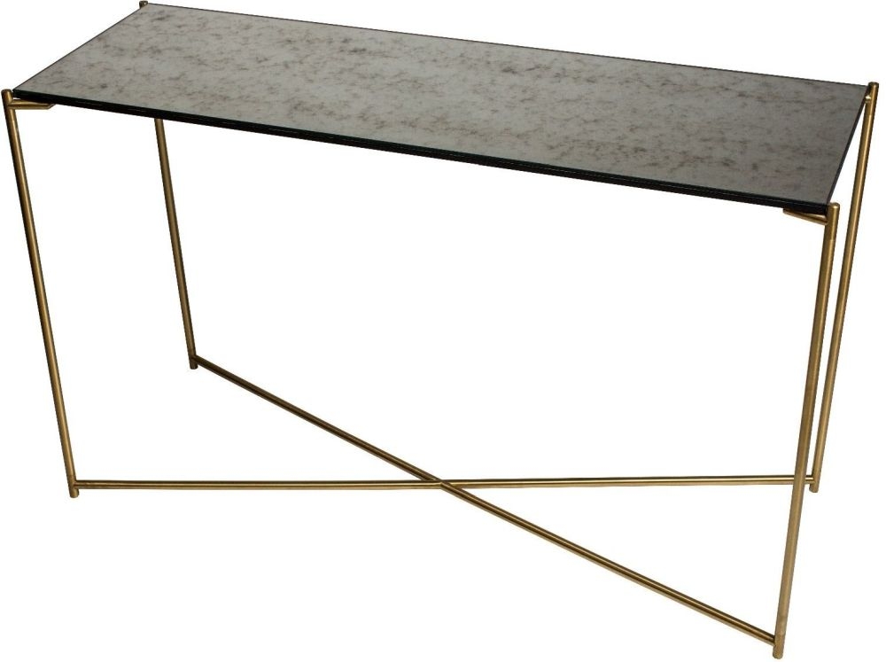 Gillmore Space Iris Antiqued Glass Top Large Console Table With Brass Frame