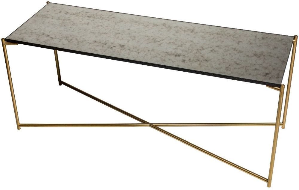 Gillmore Space Iris Antiqued Glass Top With Brass Frame Console Table Large Low