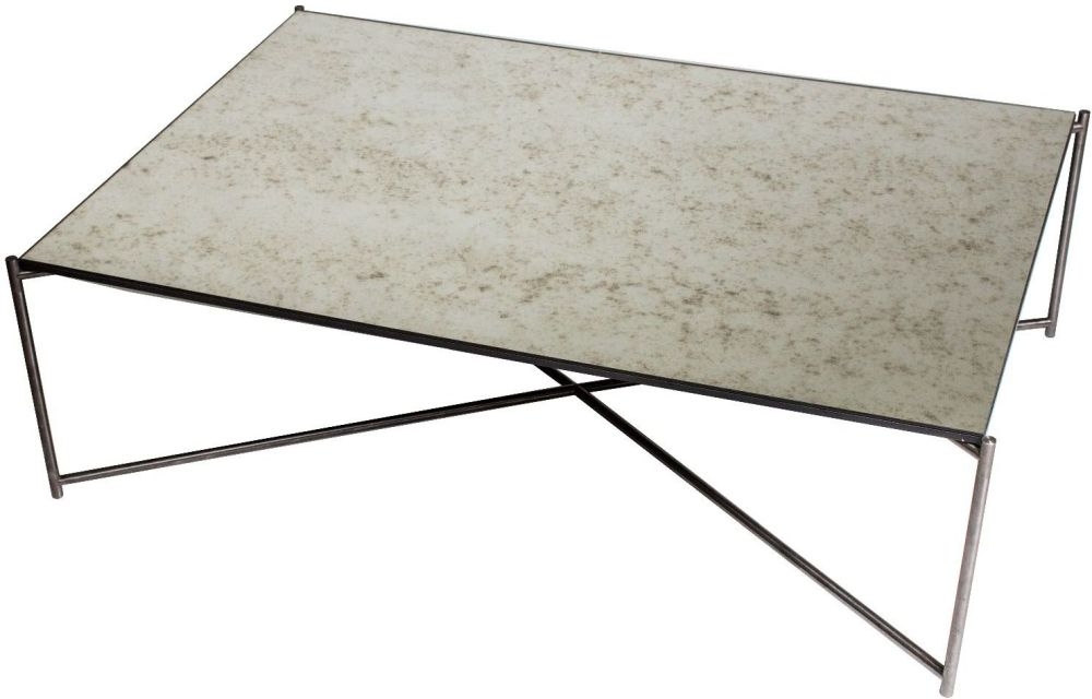 Gillmore Space Iris Antiqued Glass Top Rectangular Coffee Table With Gun Metal Frame