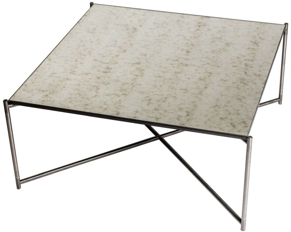 Gillmore Space Iris Antiqued Glass Top Square Coffee Table With Gun Metal Frame