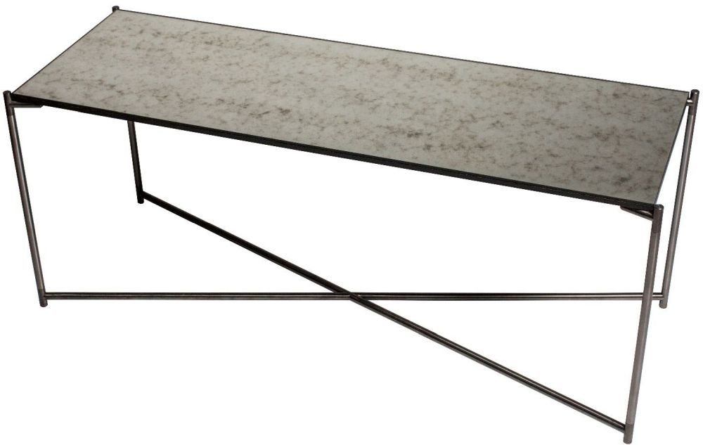 Gillmore Space Iris Antiqued Glass Top Large Low Console Table With Gun Metal Frame