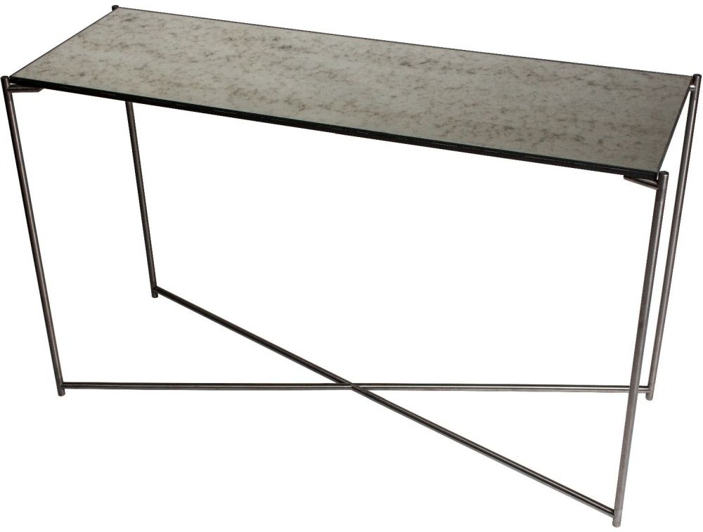 Gillmore Space Iris Antiqued Glass Top Large Console Table With Gun Metal Frame