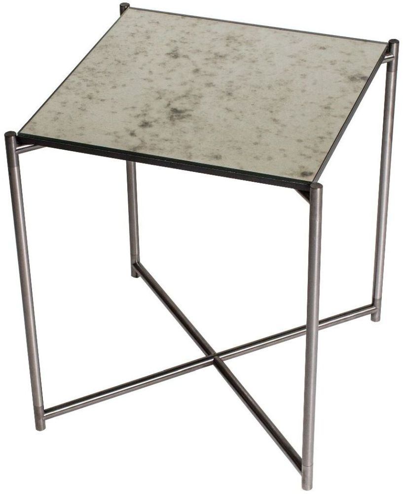 Gillmore Space Iris Antiqued Glass Top Square Side Table With Gun Metal Frame