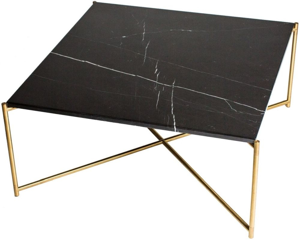 Gillmore Space Iris Black Marble Top With Brass Frame Coffee Table Square