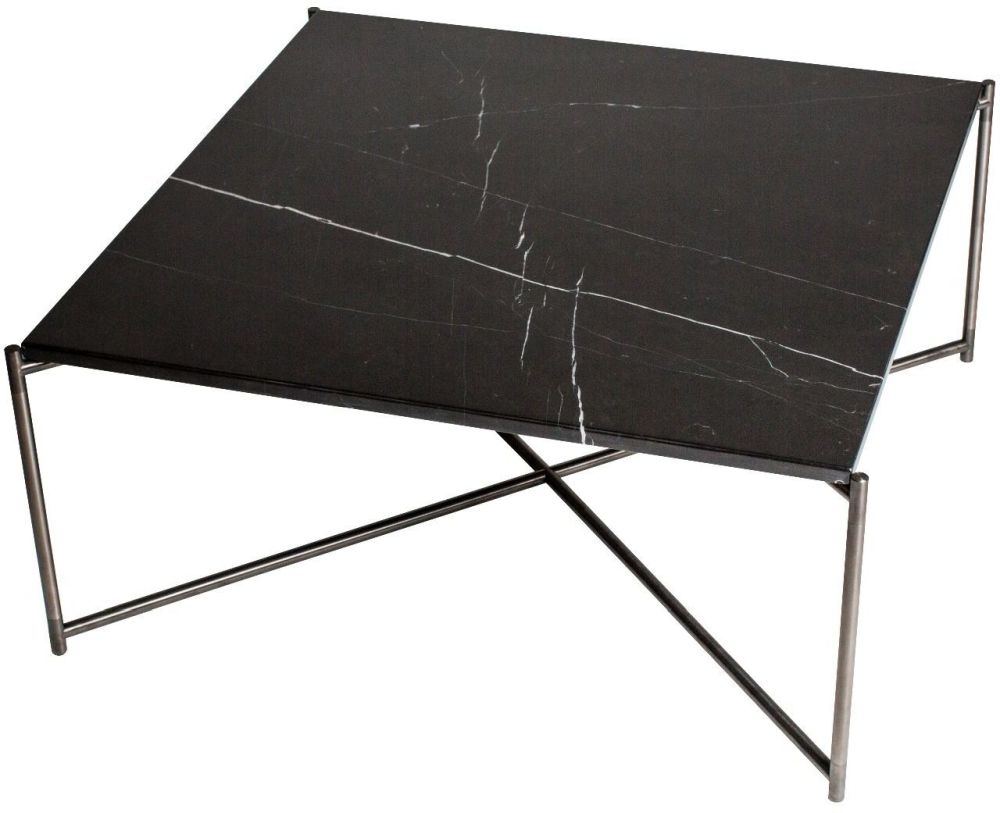Gillmore Space Iris Black Marble Top Square Coffee Table With Gun Metal Frame