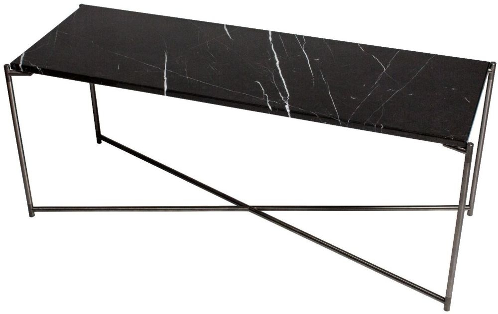 Gillmore Space Iris Black Marble Top Large Low Console Table With Gun Metal Frame