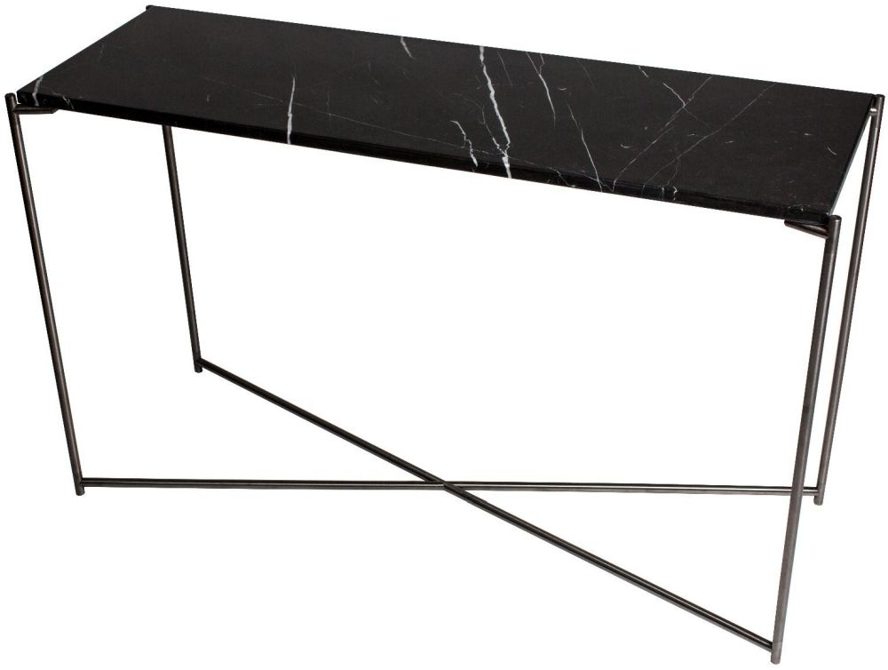 Gillmore Space Iris Black Marble Top Large Console Table With Gun Metal Frame