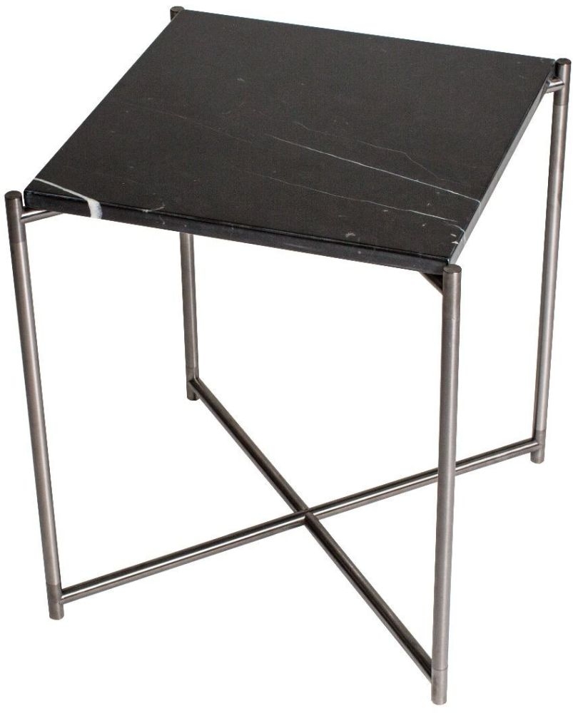 Gillmore Space Iris Black Marble Top Square Side Table With Gun Metal Frame