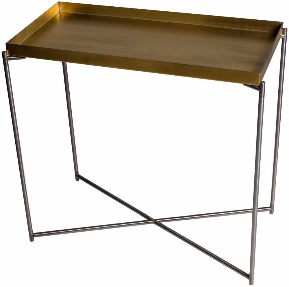 Gillmore Space Iris Brass Tray Top Small Console Table With Gun Metal Frame