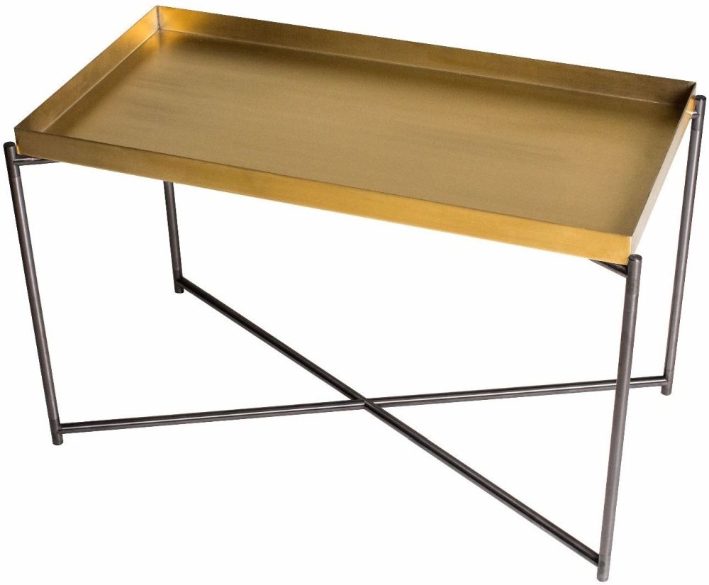 Gillmore Space Iris Brass Tray Top Rectangular Side Table With Gun Metal Frame