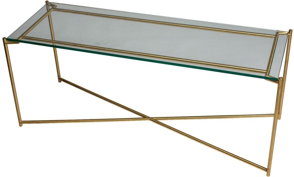 Gillmore Space Iris Clear Glass Top Large Low Console Table With Brass Frame