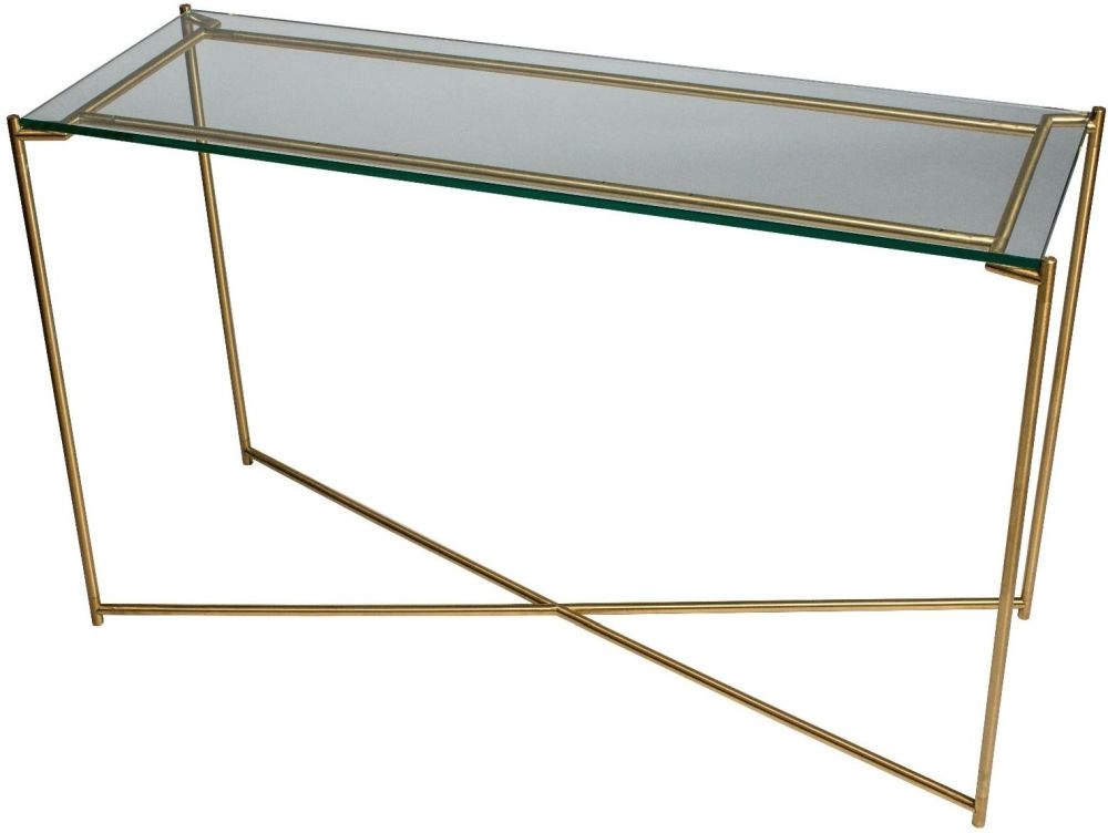 Gillmore Space Iris Clear Glass Top Large Console Table With Brass Frame