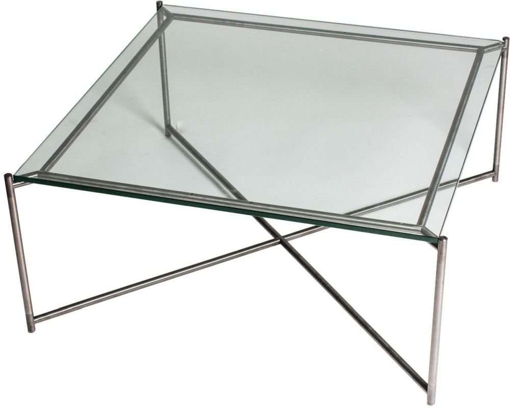 Gillmore Space Iris Clear Glass Top Square Coffee Table With Gun Metal Frame