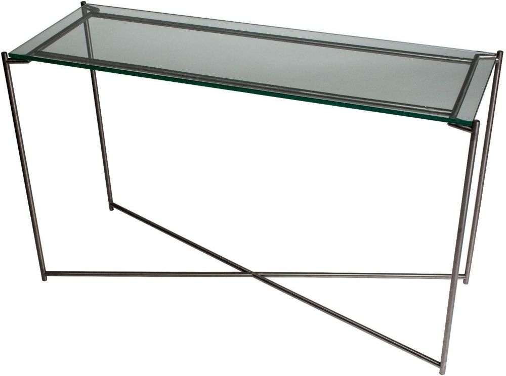 Gillmore Space Iris Clear Glass Top Large Console Table With Gun Metal Frame