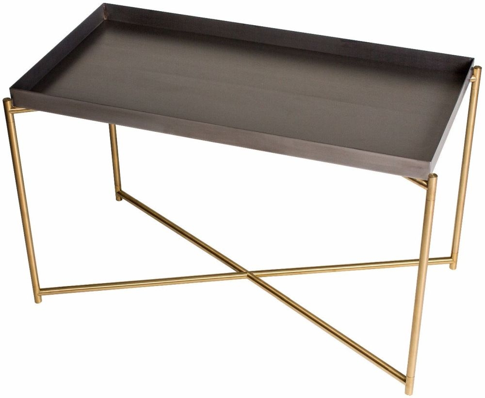 Gillmore Space Iris Gun Metal Tray Top Rectangular Side Table With Brass Frame