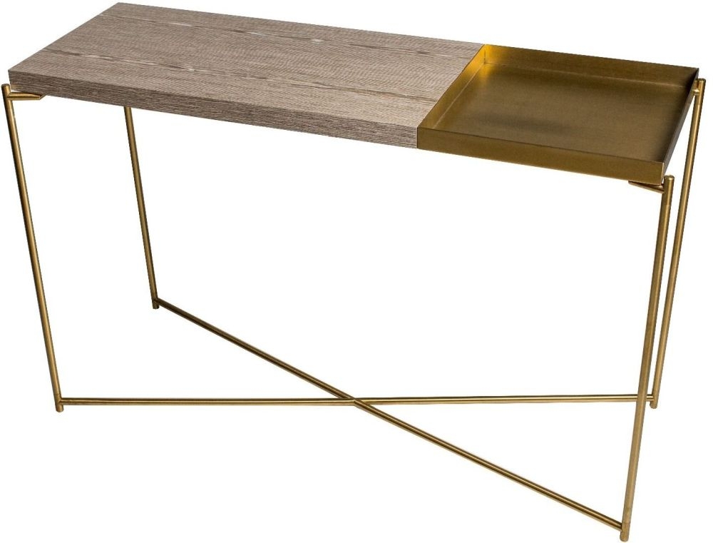 Gillmore Space Iris Weathered Oak Top Large Console Table With Small Brass Tray And Brass Frame