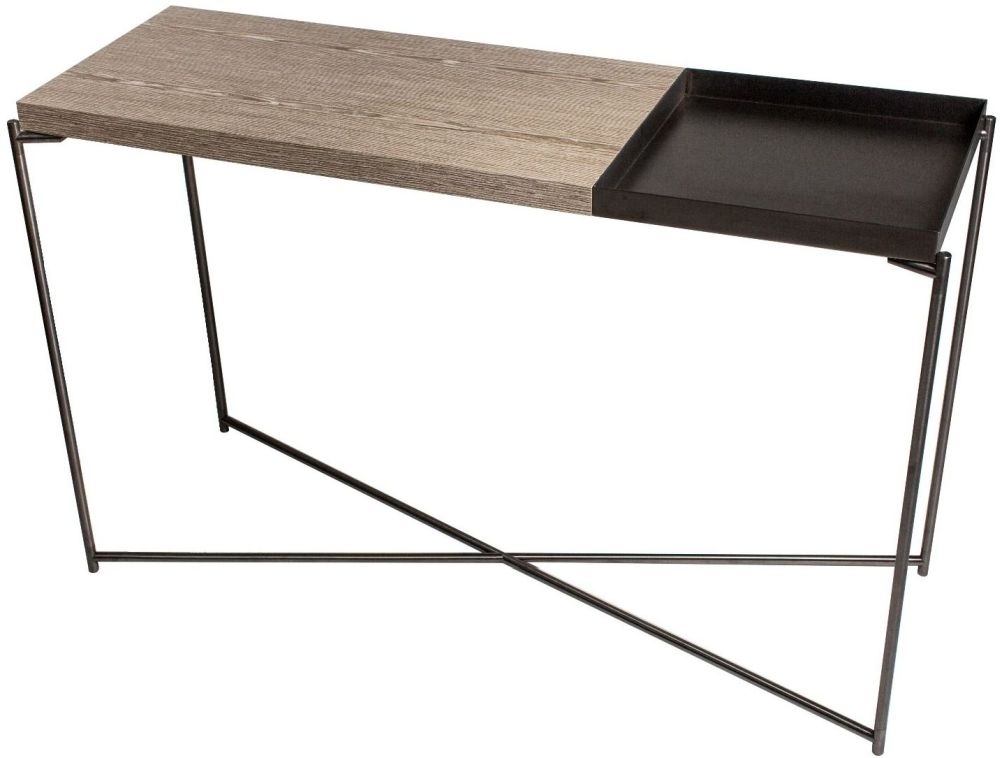 Gillmore Space Iris Weathered Oak Top Large Console Table With Small Gun Metal Tray And Frame