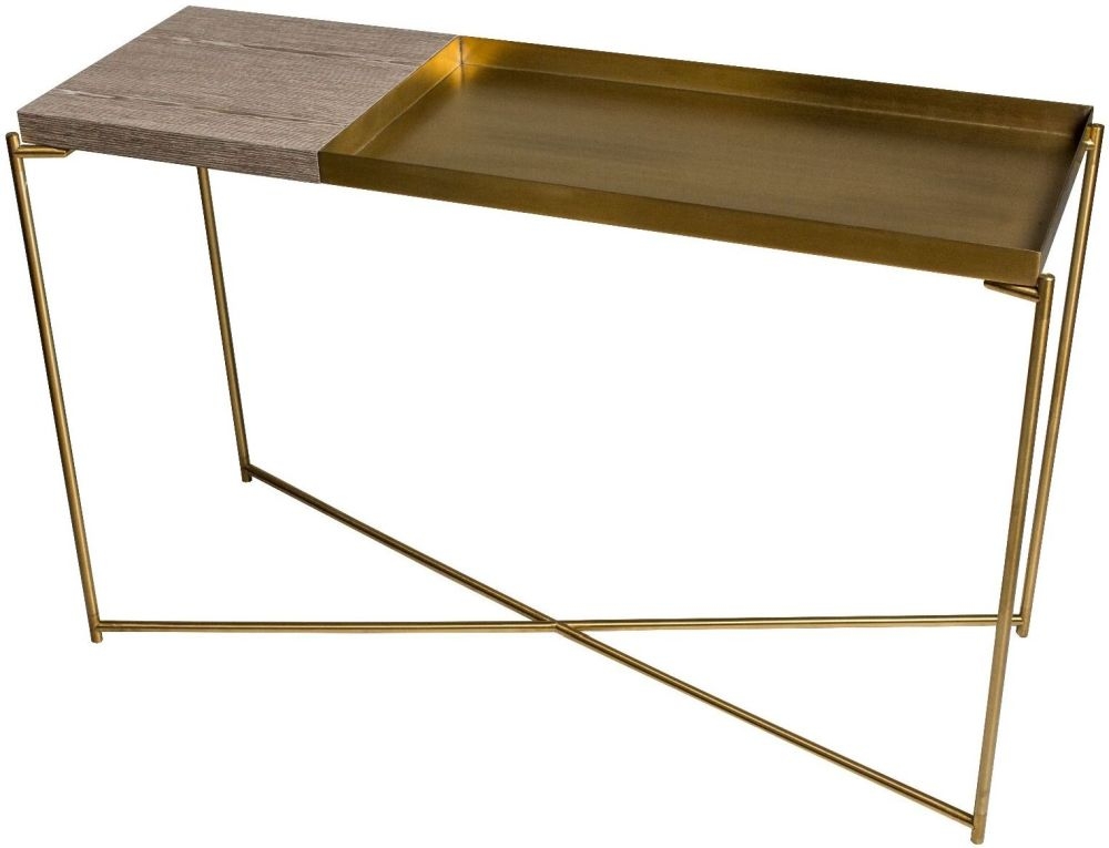 Gillmore Space Iris Small Weathered Oak Top And Large Brass Tray With Brass Frame Console Table Large