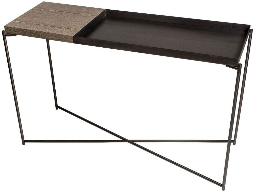 Gillmore Space Iris Weathered Oak Top Console Table With Large Gun Metal Tray And Frame