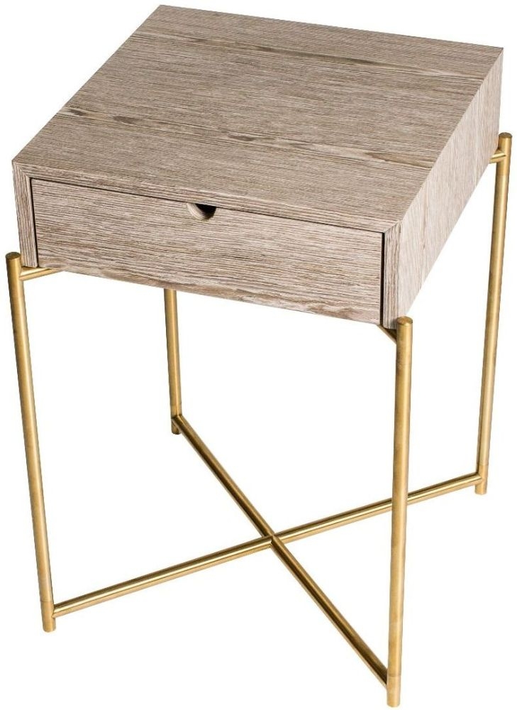 Gillmore Space Iris Weathered Oak Top 1 Drawer Square Side Table With Brass Frame