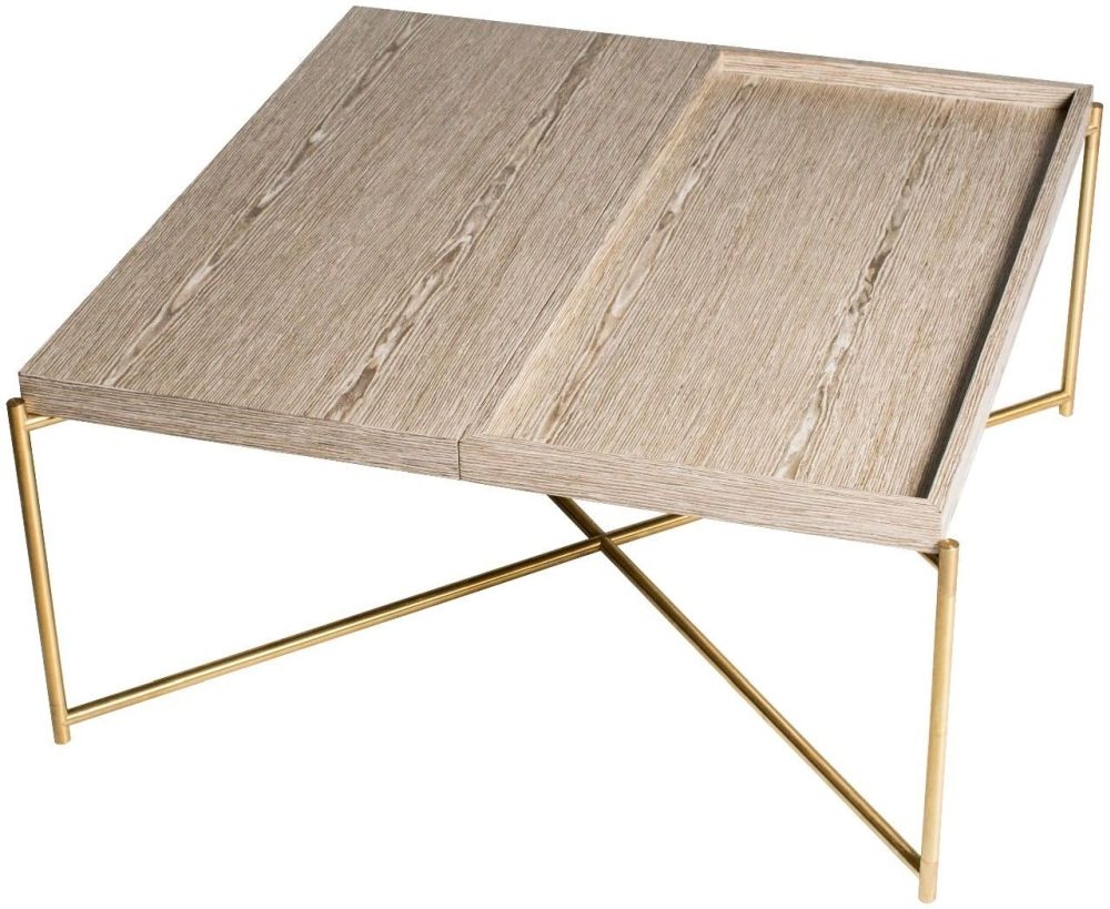 Gillmore Space Iris Weathered Oak Top Trays Square Coffee Table With Brass Frame