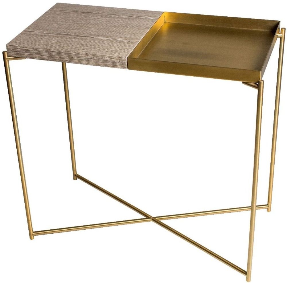 Gillmore Space Iris Weathered Oak Top And Brass Tray Small Console Table With Brass Frame