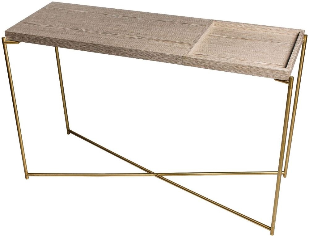 Gillmore Space Iris Weathered Oak Top And Small Tray Large Console Table With Brass Frame