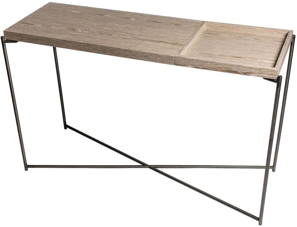 Gillmore Space Iris Weathered Oak Top And Small Tray Large Console Table With Gun Metal Frame