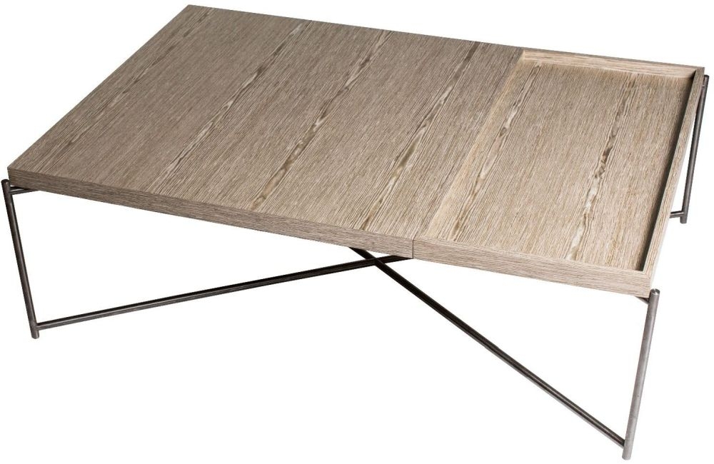 Gillmore Space Iris Weathered Oak Top And Tray Rectangular Coffee Table With Gun Metal Frame