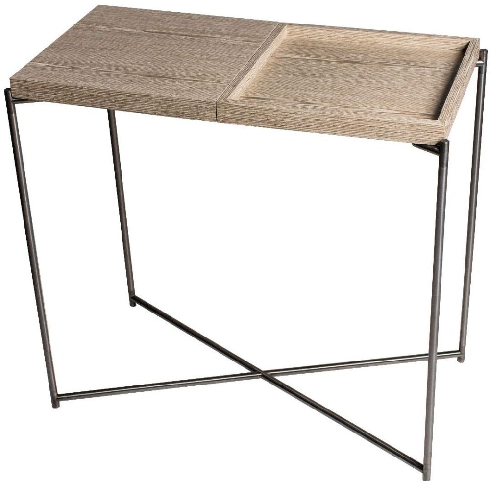 Gillmore Space Iris Weathered Oak Top And Tray Small Console Table With Gun Metal Frame