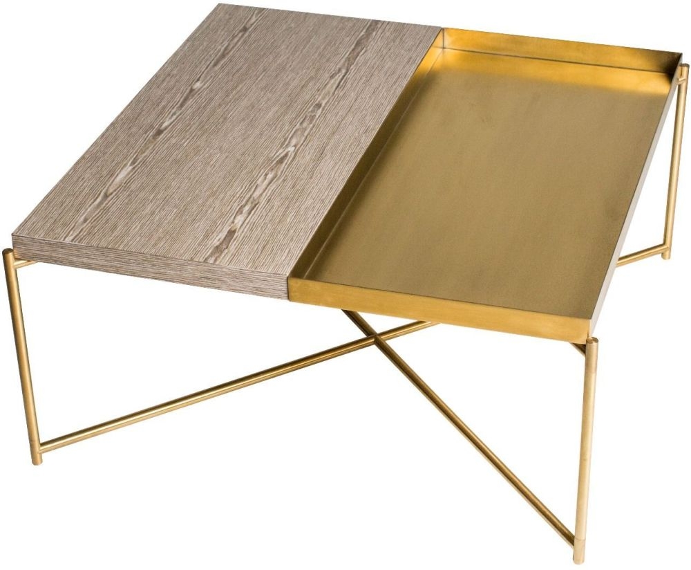 Gillmore Space Iris Weathered Oak Top Square Coffee Table With Brass Trays And Brass Frame
