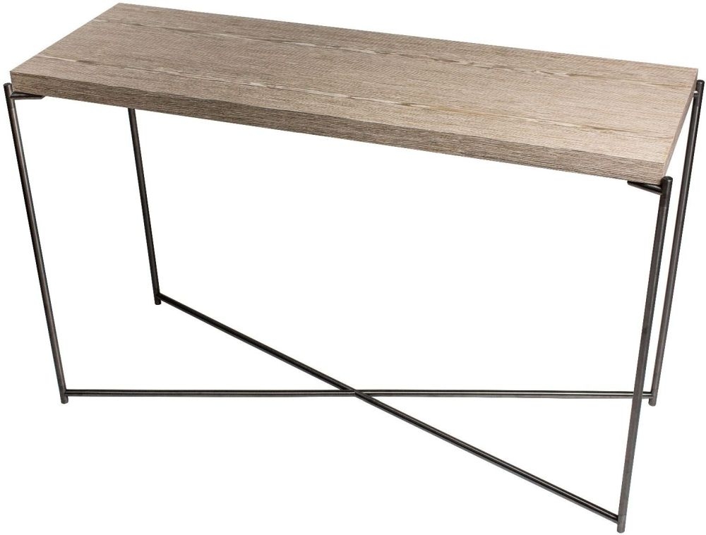 Gillmore Space Iris Weathered Oak Top Large Console Table With Gun Metal Frame