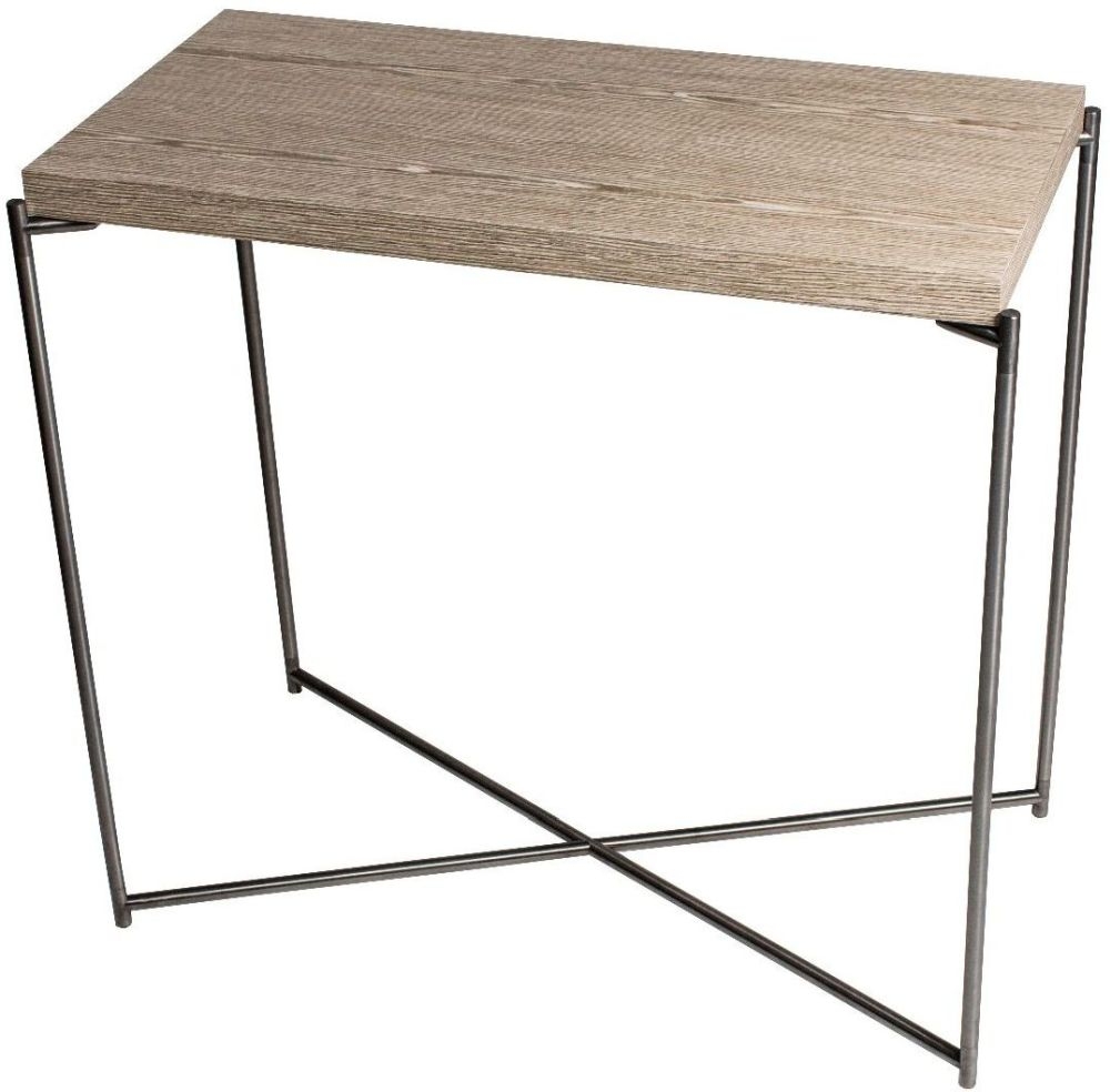Gillmore Space Iris Weathered Oak Top Small Console Table With Gun Metal Frame