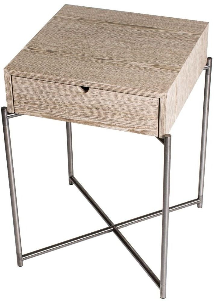 Gillmore Space Iris Weathered Oak Top 1 Drawer Square Side Table With Gun Metal Frame
