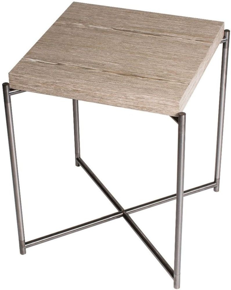 Gillmore Space Iris Weathered Oak Top Square Side Table With Gun Metal Frame