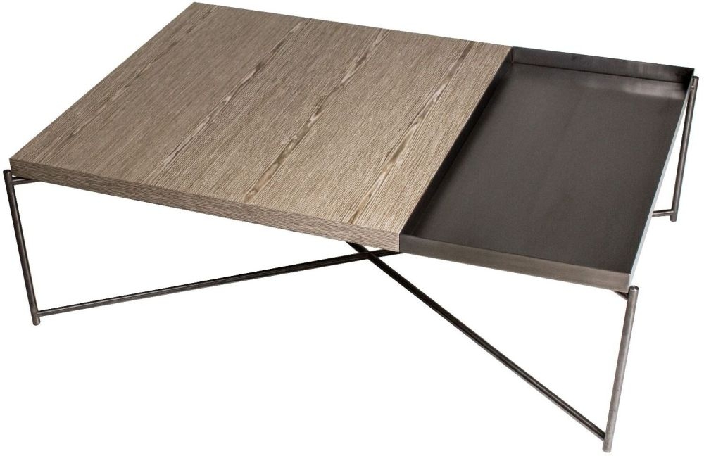 Gillmore Space Iris Weathered Oak Top Rectangular Coffee Table With Gun Metal Tray And Frame