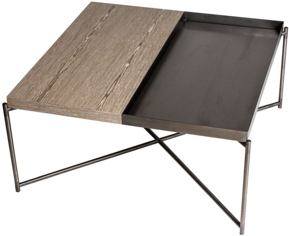 Gillmore Space Iris Weathered Oak Top Square Coffee Table With Gun Metal Tray And Frame
