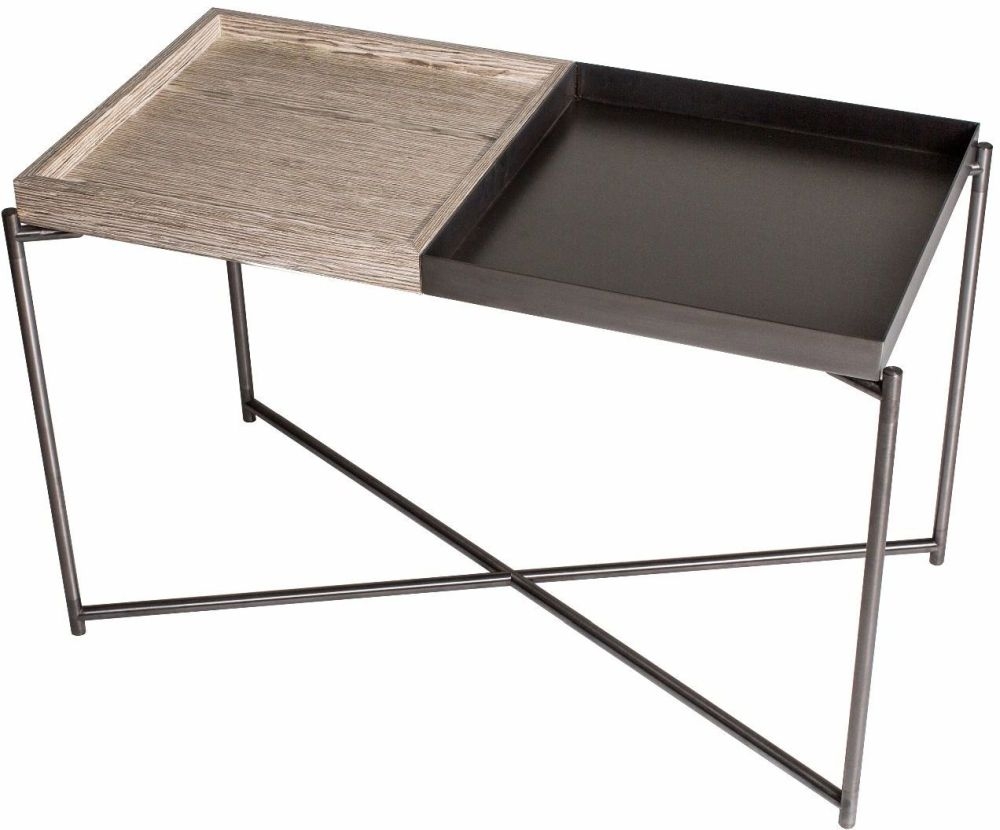 Gillmore Space Iris Weathered Oak Top Rectangular Side Table With Gunmetal Tray And Frame