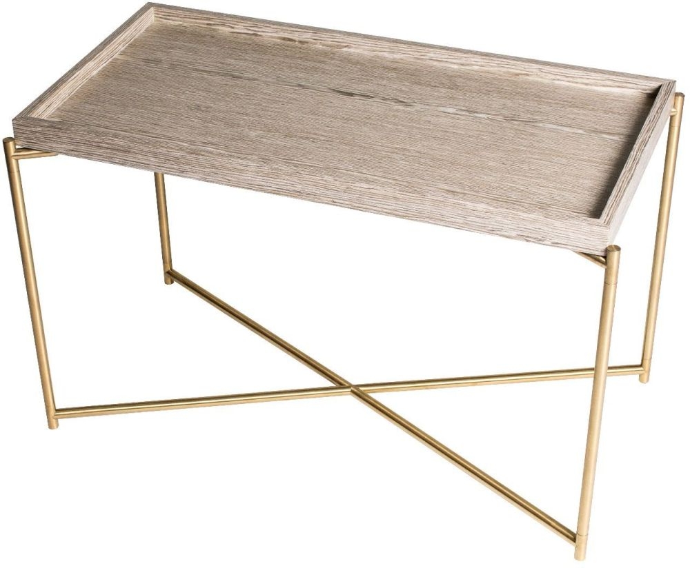 Gillmore Space Iris Weathered Oak Tray Top Rectangular Side Table With Brass Frame