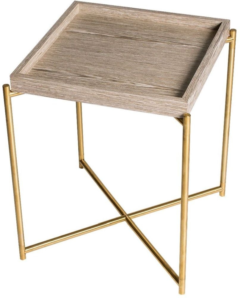 Gillmore Space Iris Weathered Oak Tray Top Square Side Table With Brass Frame
