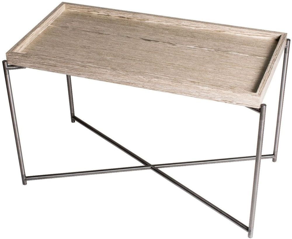 Gillmore Space Iris Weathered Oak Tray Top Rectangular Side Table With Gun Metal Frame