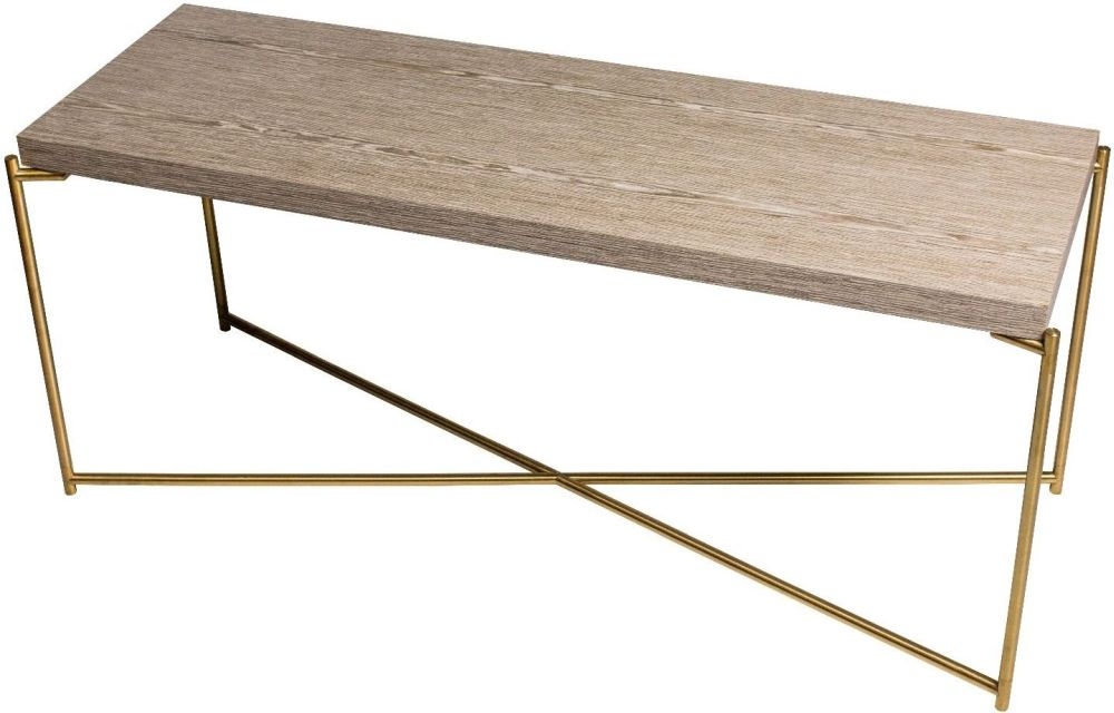 Gillmore Space Iris Weathered Oak Large Low Console Table With Brass Frame