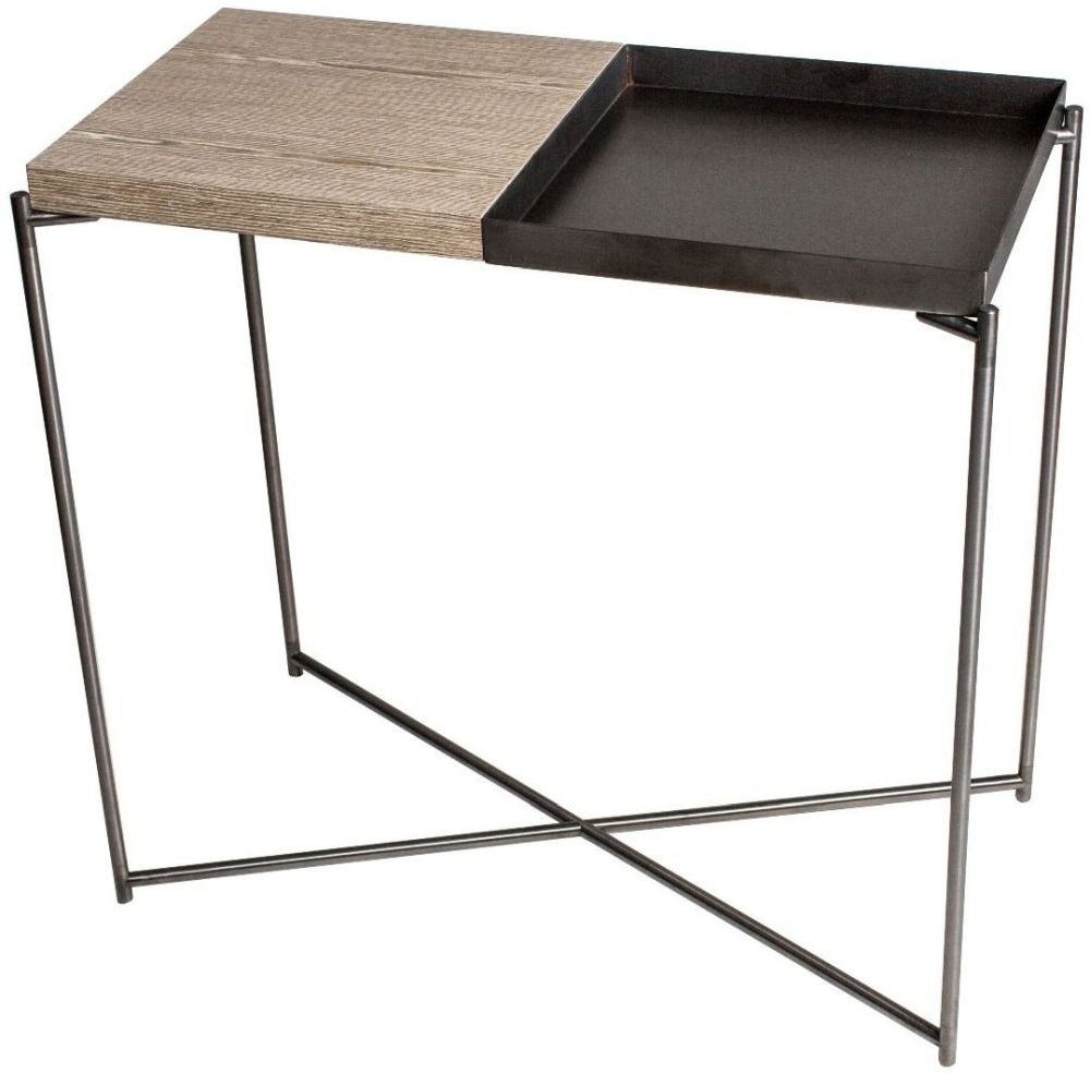 Gillmore Space Iris Weathered Oak Small Table Console With Gun Metal Tray Top And Frame