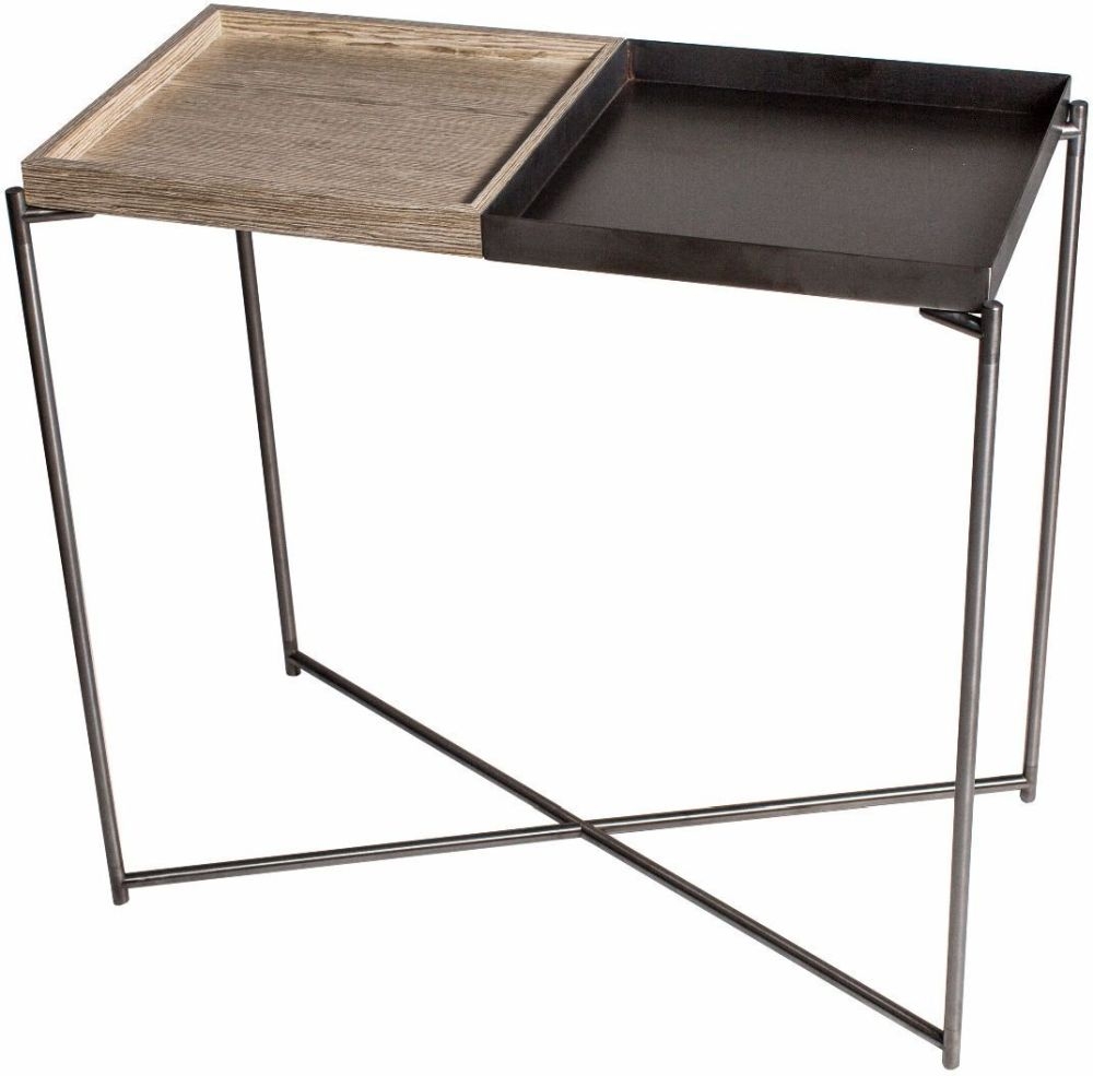 Gillmore Space Iris Weathered Oak Small Console Table With Gun Metal Tray And Frame